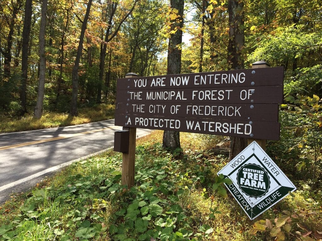 SignBoard showing limits of Frederick Municipal Forest Maryland